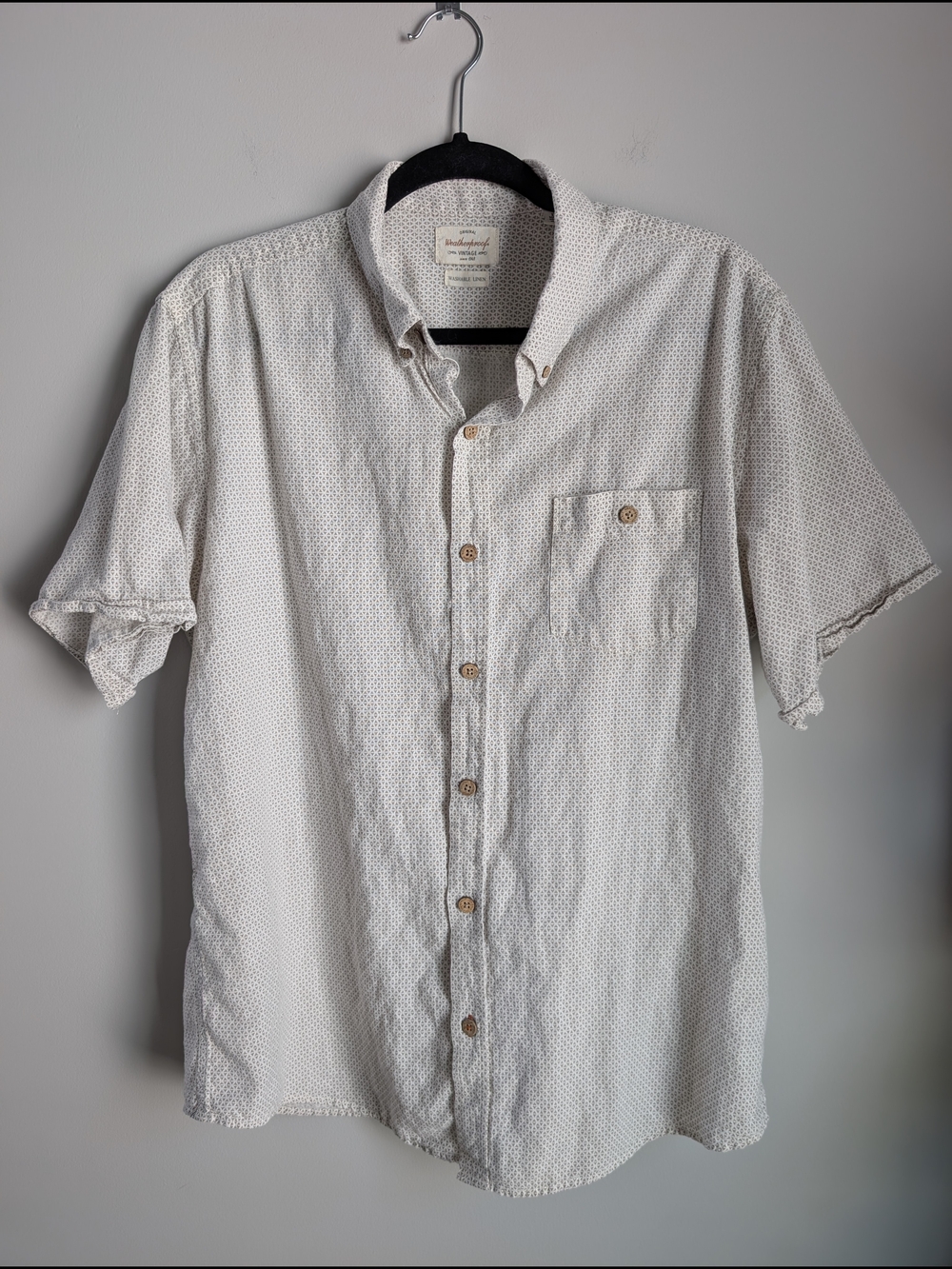 Weatherproof Vintage Short Sleeve Shirt Men's Large Washable Linen Blend Tan AOP